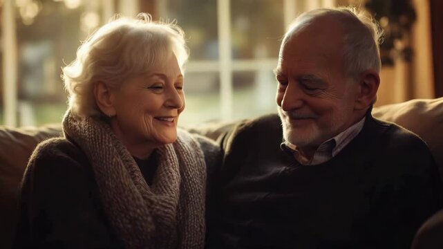 An elderly caucasian couple shares tender smiles and heartfelt laughter while seated together in a warm, inviting living room filled with natural light. The ambiance highlights their connection