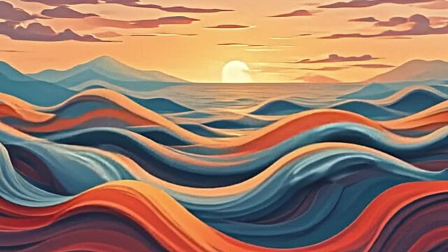 an abstract panorama showcasing stacked, organic shapes forming a rhythmic, flowing pattern. the color scheme employs desaturated hues and complementary tints, evoking a sense of calm and tranquility.