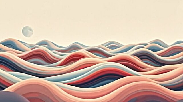 an abstract panorama showcasing stacked, organic shapes forming a rhythmic, flowing pattern. the color scheme employs desaturated hues and complementary tints, evoking a sense of calm and tranquility.