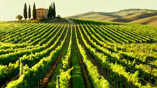 A breathtaking vineyard in the rolling hills of Tuscany, Italy, bathed in golden sunlight, with lush green grapevines stretching toward a rustic farmhouse surrounded by tall cypress trees.
