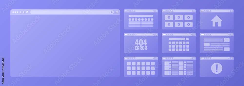 Fototapete Web browser window, transparent pages layout with toolbar and search field. Modern website, internet page. Browser mockup for computer, tablet and smartphone. Adaptive UI. Vector illustration