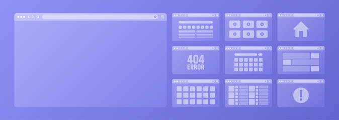 Web browser window, transparent pages layout with toolbar and search field. Modern website, internet page. Browser mockup for computer, tablet and smartphone. Adaptive UI. Vector illustration