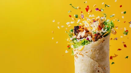 Delicious Chicken Burrito with Rice and Vegetables Exploding on Yellow Background © djatinako