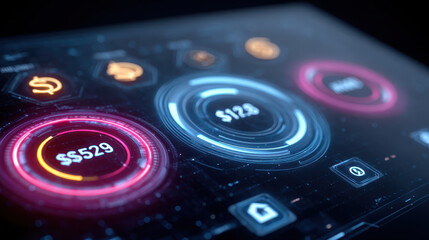 Fototapeta premium Futuristic financial interface displaying savings and expenses with glowing circular graphs, digital icons, and sleek, high tech design. interface conveys innovation and efficiency