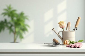 A serene springtime scene featuring gardening tools, delicate blossoms, and a tranquil atmosphere