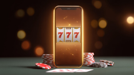 Glowing smartphone displaying slot machine with triple sevens is placed on table surrounded by poker chips, evoking sense of excitement and luck