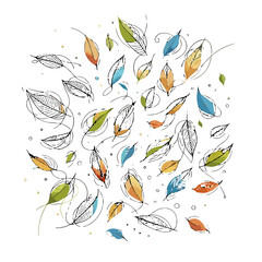 Colorful hand-drawn leaves in various shapes and sizes on white background  