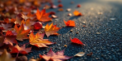 Autumnal foliage scattered on a dark textured surface, bathed in the warm glow of the setting sun, creating a serene and picturesque autumn scene.