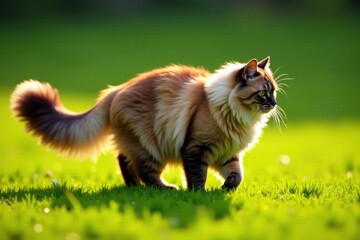 A Fluffy Longhaired Cat Gracefully Strolling Across a Lush Green Meadow Bathed in Golden Sunlight