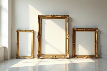 Elegant Gold Picture Frames Adorn a Sunlit Room, Offering a Blank Canvas for Artistic Expression and Interior Design Inspiration