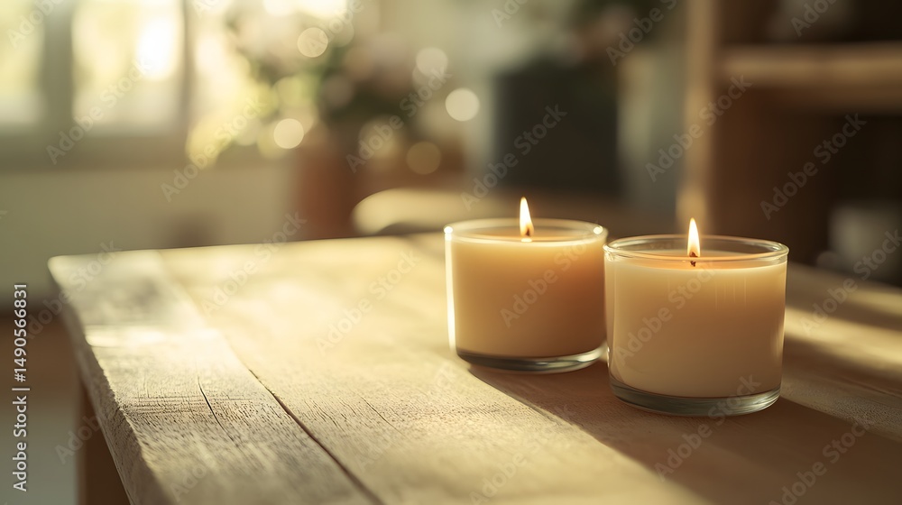 Poster two elegant eco-friendly candles on a rustic table creating a cozy and inviting atmosphere for any s