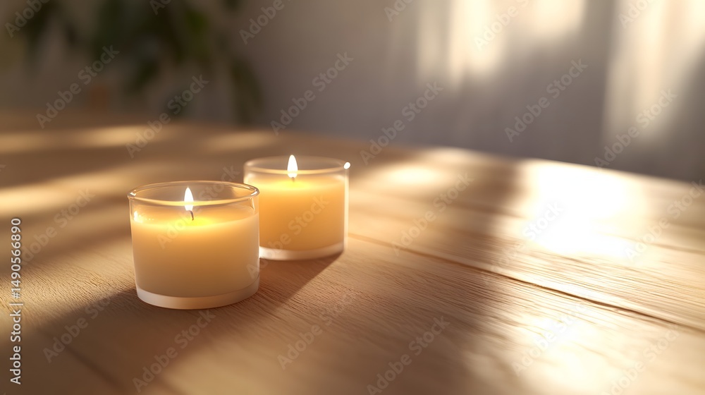 Poster two elegant eco-friendly candles made from soy wax artistically arranged on a table creating a cozy 