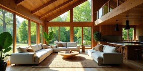 Sun-drenched Modern Living Room with Expansive Windows and Wooden Beams Featuring Comfortable Light-Colored Sofas and a Stylish Coffee Table