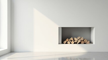 Modern minimalist room interior design featuring a recessed fireplace niche filled with neatly stacked firewood, bathed in soft sunlight streaming through a large window.