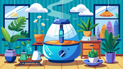 Air humidifier in cozy home interior with green plants, books and windows showing a cityscape in colorful stylized digital art
