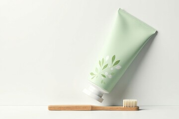 A Mint Green Tube of Toothpaste with Botanical Design Rests Beside a Natural Wooden Toothbrush on a Pristine White Surface