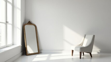 Serene Minimalist Interior Design Featuring a Full-Length Ornate Mirror and a Comfortable Upholstered Chair Basking in Sunlight