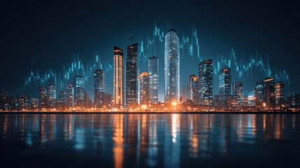 Obraz premium Stunning night cityscape featuring illuminated skyscrapers reflected on calm water surface, with glowing futuristic data like graphics overlaying skyline, evoking innovation and progress