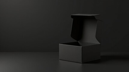A partly opened black rectangular box sits on a dark surface against a black background, showcasing its simple yet elegant design and potential for various uses