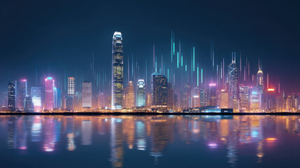 Fototapeta premium Stunning night cityscape featuring illuminated skyscrapers reflecting on calm water, with vibrant neon lights and futuristic glowing lines adding modern, dynamic atmosphere