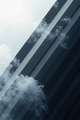 Abstract Sky and Structure Overlay  Diagonal Lines of Gray and White with Soft Clouds