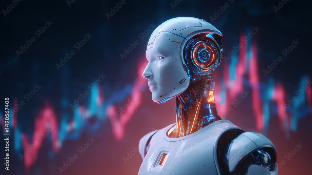 Poster futuristic humanoid robot with sleek design is monitoring stock market interface, with glowing red a