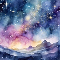 Watercolor image of the mountain and wonderful glitter sky at night.