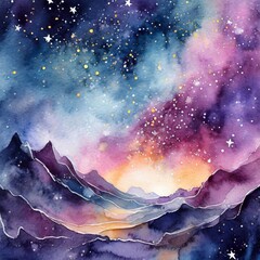 Watercolor image of beautiful night sky and glitter stars at night.