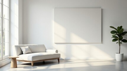 Serene Minimalist Living Room Interior Design Featuring a Modern Chaise Lounge, a Blank Canvas, and a Potted Plant in a Sunlit Space