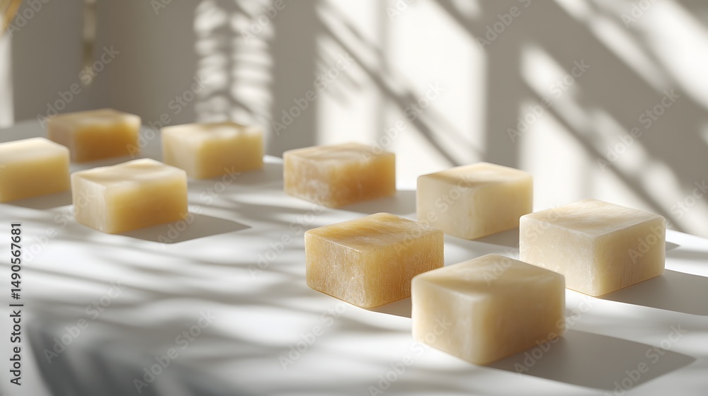 Poster a charming table display featuring cubes of luxurious plant-based soap in a pristine white setting w