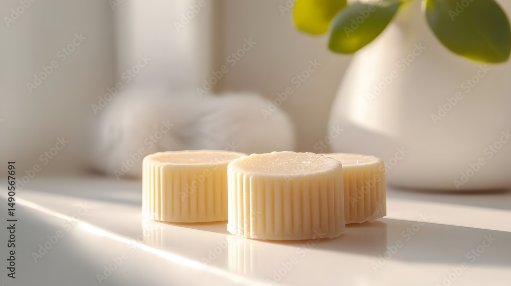 Poster two elegant plant-based shampoo bars on a rustic table with natural elements and soft lighting enhan
