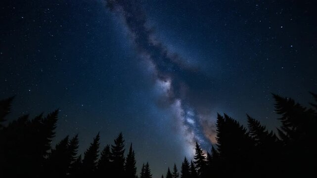Time lapse of The Milky Way galaxy moves above the silhouettes of trees. Starry night background. Epic , vertical footage