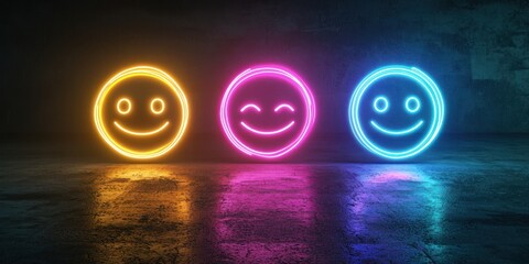 3D neon feedback interface with emotion faces on dark backdrop