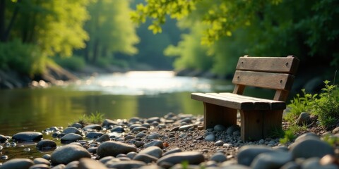 Tranquil riverside park bench awaits peaceful contemplation beside gently flowing water and smooth river stones