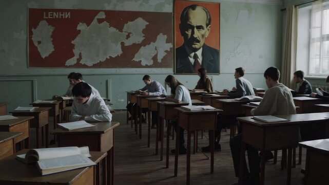 Students studying in classroom with lenin portrait and map