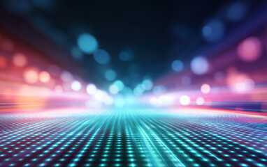 Abstract blurred futuristic grid with vibrant neon lights, creating dynamic and colorful digital landscape. glowing dots and bokeh effects evoke sense of technology and innovation