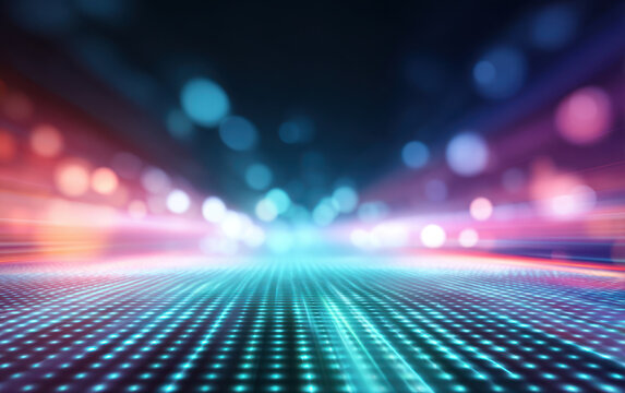 Abstract blurred futuristic grid with vibrant neon lights, creating dynamic and colorful digital landscape. glowing dots and bokeh effects evoke sense of technology and innovation