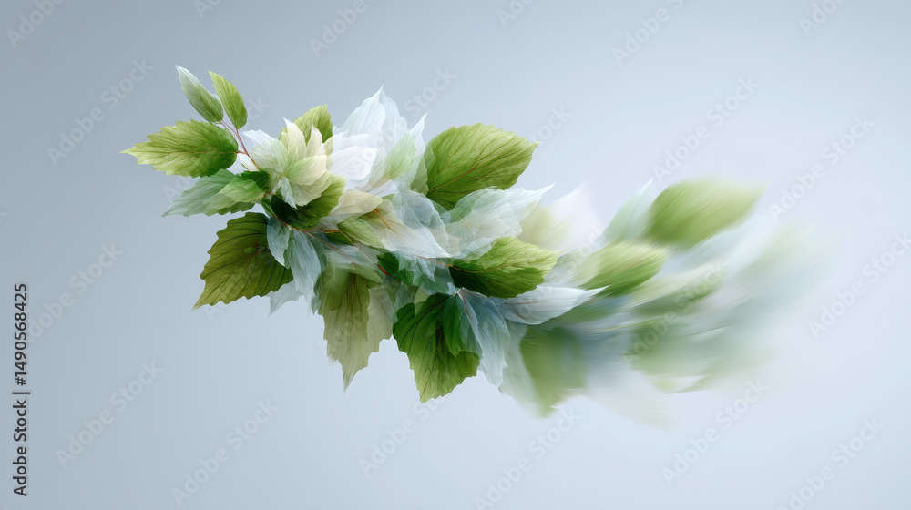 Poster dynamic and abstract composition of fresh green leaves in motion, creating soft, ethereal effect aga