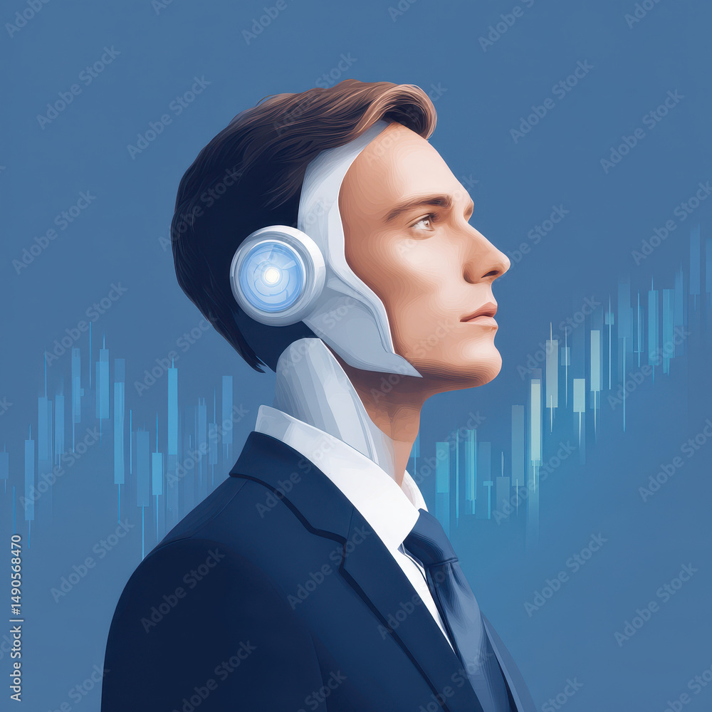 Poster futuristic illustration of man with robotic features, symbolizing integration of artificial intellig