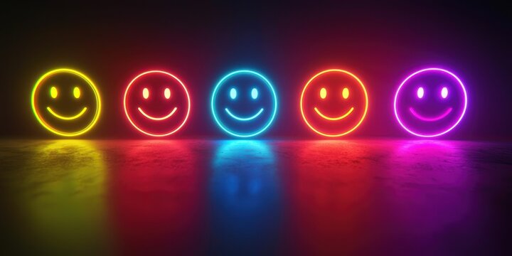 3D-rendered neon smiley face rating system with emotional spectrum - Powered by Adobe