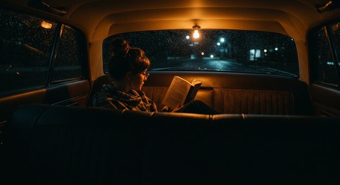 Fototapeta Woman reading book inside vintage car at night during rainfall shows peaceful relaxation