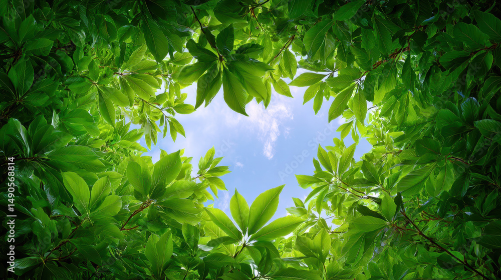 Poster bright green leaves form natural frame around clear blue sky with soft white clouds, creating serene