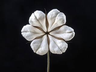 Close up of cotton boll against black backdrop.  Soft, white fibers arranged in a delicate, symmetrical pattern.