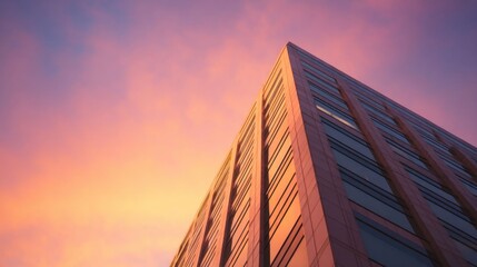Dramatic Sunset Lighting on Modern Urban Building in Cityscape Background