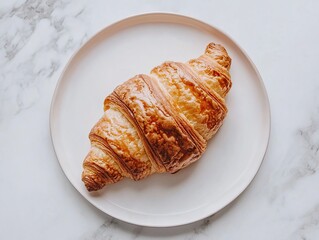 Golden croissant on a white plate, inviting layers of pastry delight. Perfect breakfast treat!