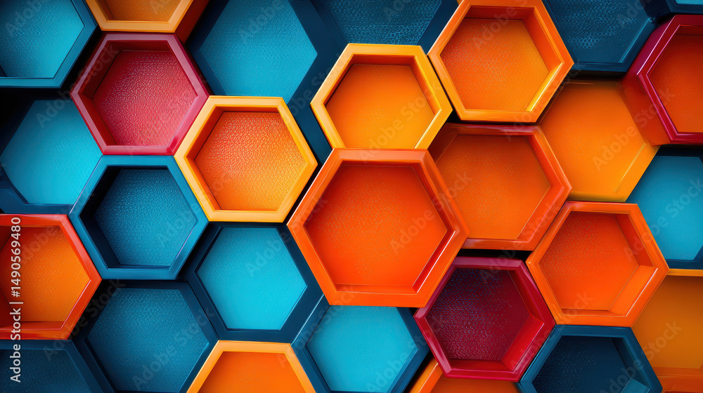 Aufkleber vibrant closeup of interlocking hexagonal patterns in orange, blue, and red tones, creating dynamic 
