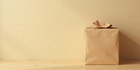 A single, elegantly wrapped gift box sits on a light wood surface against a muted beige backdrop.  The subtle lighting enhances the simple beauty of the presentation.