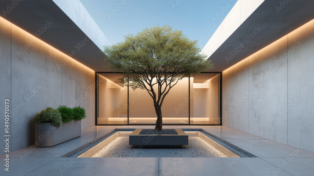 Poster serene and elegant courtyard featuring single tree in minimalist design, surrounded by smooth concre