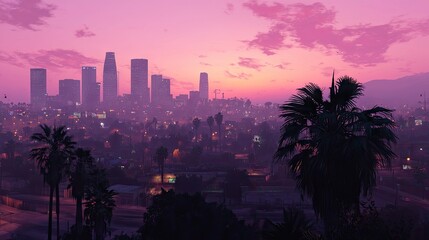 A sprawling cityscape at dusk, bathed in purple hues.