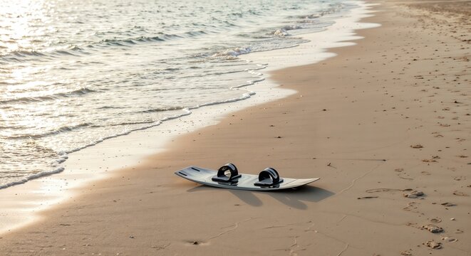 Seaside Serenity: A lone kiteboard rests on the pristine sandy beach, the gentle waves lapping at the shore, creating a peaceful scene.